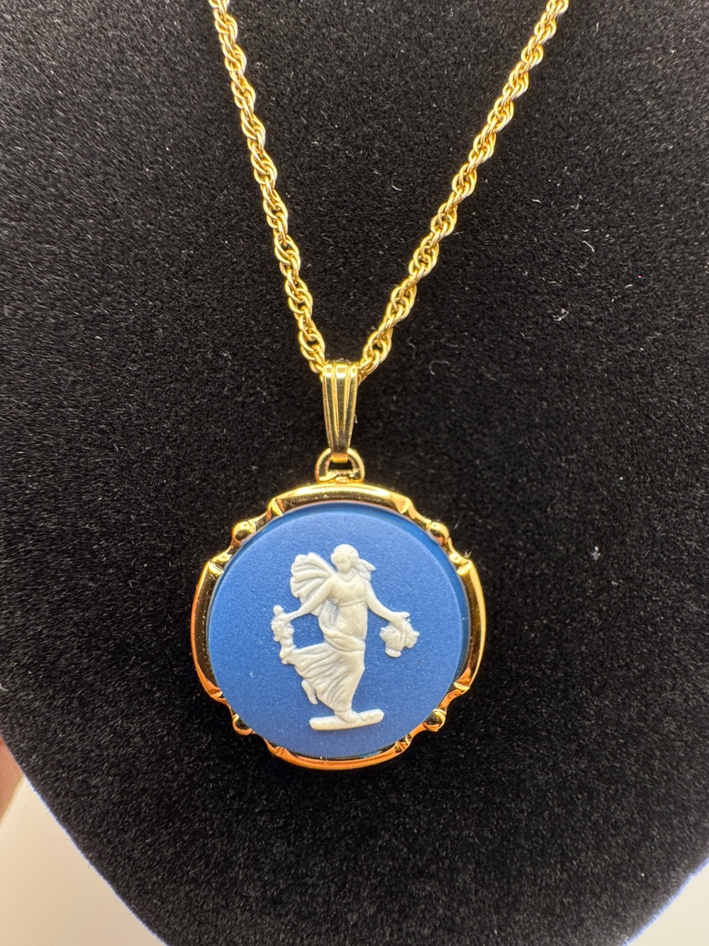 Wedgwood Vintage Dancing Hours Blue and White Jasperware Stamped Cameo Necklace
